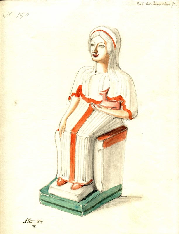 (190) view from side of terracotta seated female holding a doe